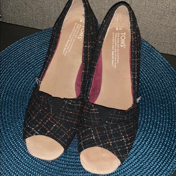 Toms Emma Wedge Black Pumps Peep Toe Cork Heels 8 - Picture 3 of 6